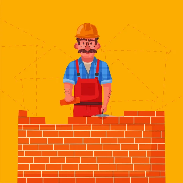 Costruttore in un cappello duro sta costruendo un muro di mattoni — Vettoriale Stock