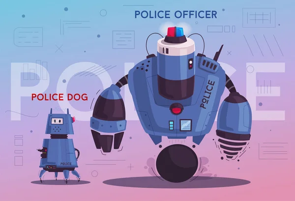 Polizei-Drohnenroboter. Streifenpolizist mit künstlicher Intelligenz — Stockvektor