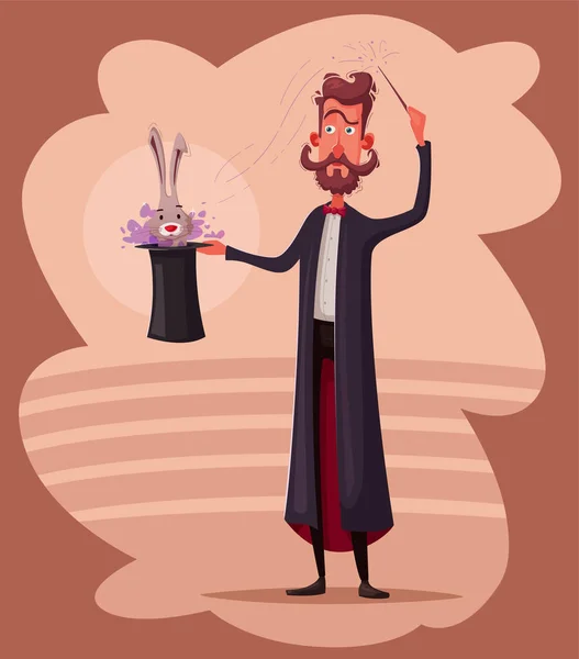 Plakát cirkus s kouzelníkem. Kouzelník drží klobouk s králíčkem. Kreslené vektorové ilustrace. — Stockový vektor