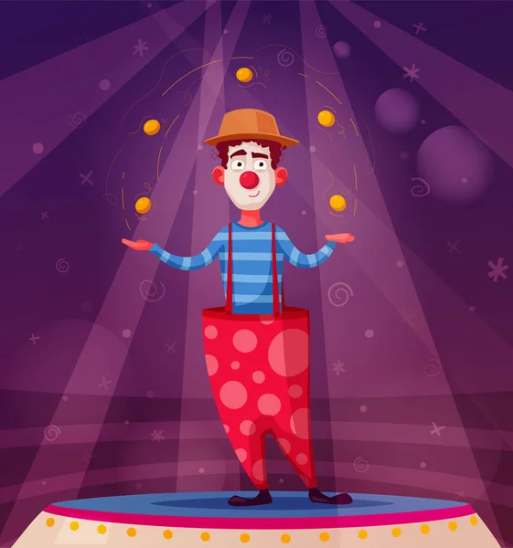 Circus show. Grappige clown karakter jongleert. Cartoon vectorillustratie — Stockvector