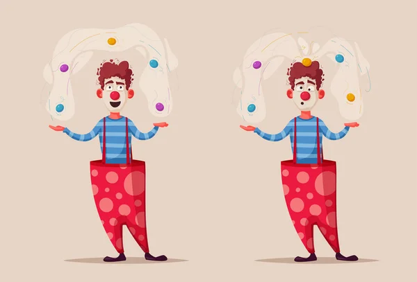 Circus Show Grappige Clown Karakter Jongleert Cartoon Vectorillustratie Jongleur Scène — Stockvector