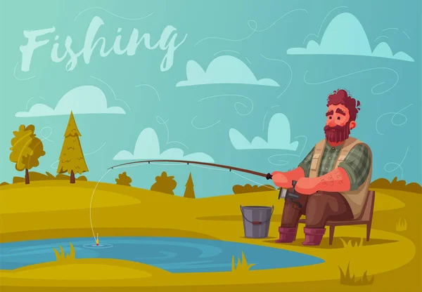Fiskeren med fiskestang. Tegneserie vektor illustration . – Stock-vektor