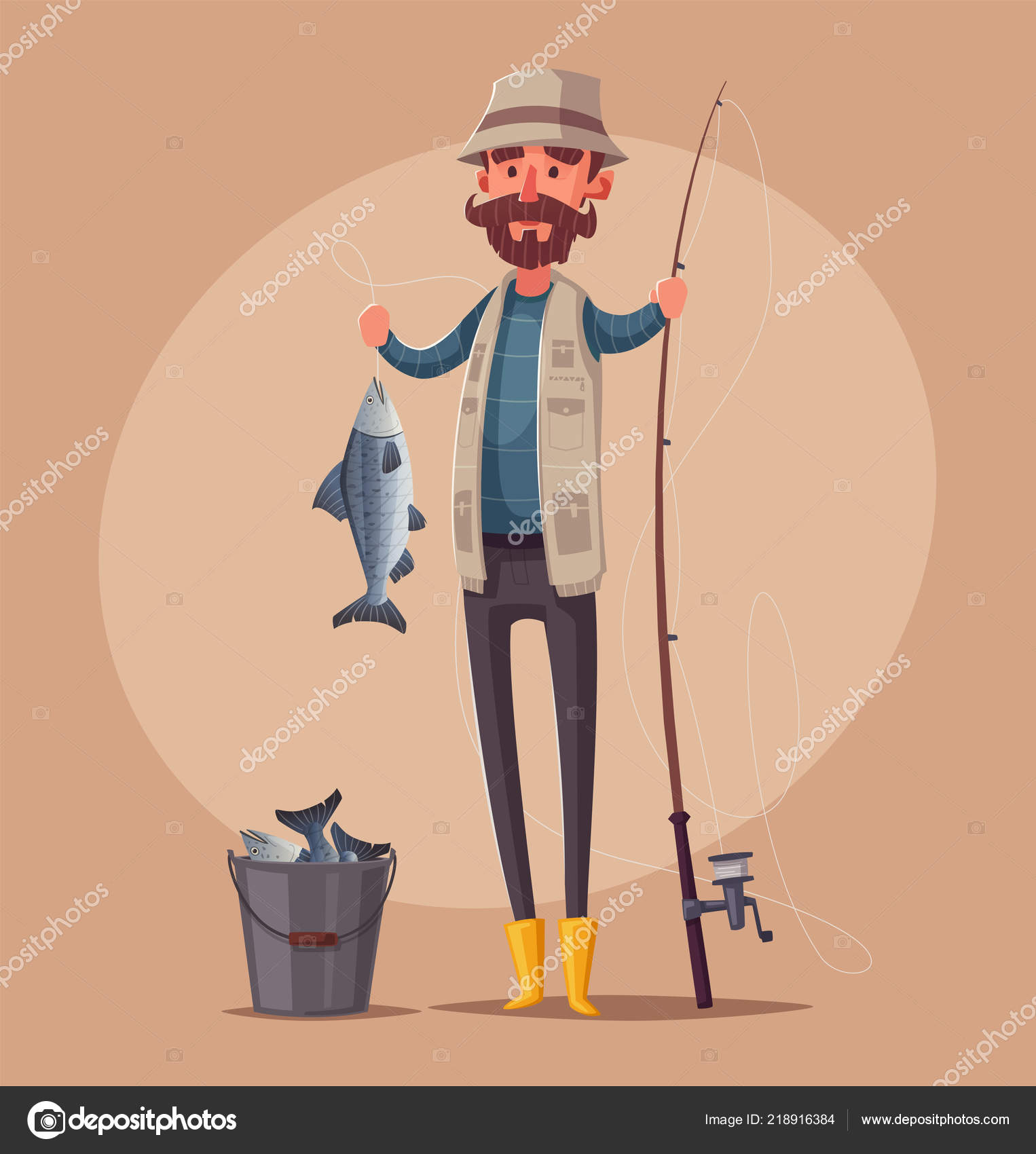 Pescador con caña de pescar. Dibujos animados vector ilustración