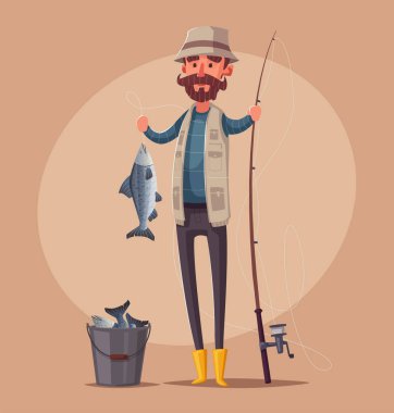 Olta ile balıkçı. Çizgi film vektör çizim.