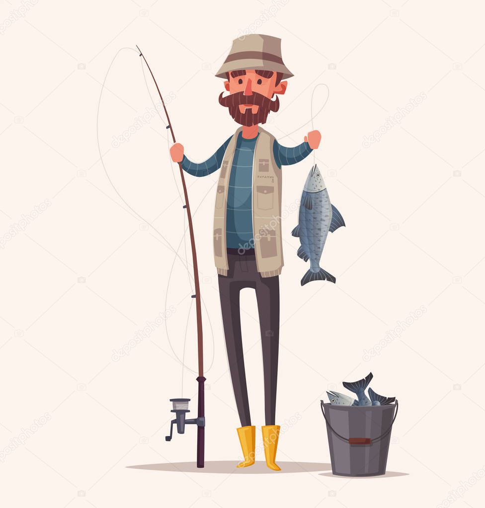 Fisherman with fishing rod. Cartoon vector illustration.