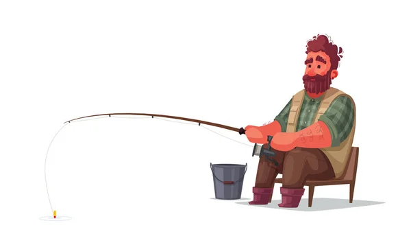 Pescador com cana de pesca. Desenhos animados ilustração vetorial . —  Vetores de Stock