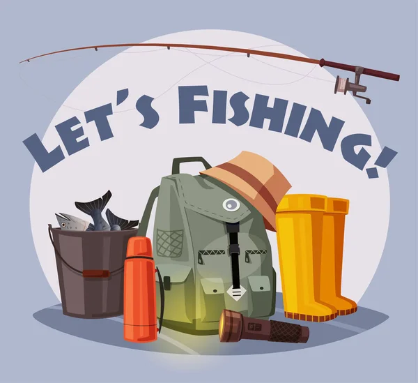 Equipamento de pesca. Conjunto de ícones. Desenhos animados ilustração vetorial —  Vetores de Stock