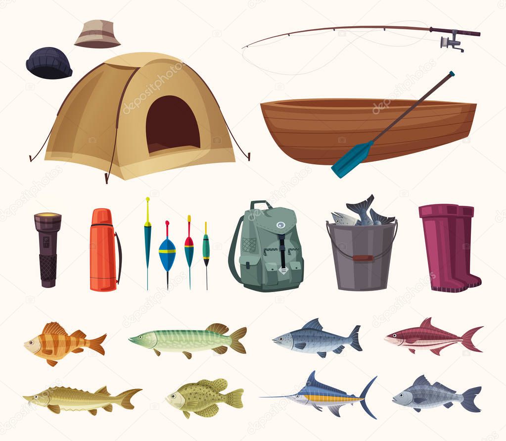 Fishing equipment. Set of icons. Cartoon vector illustration