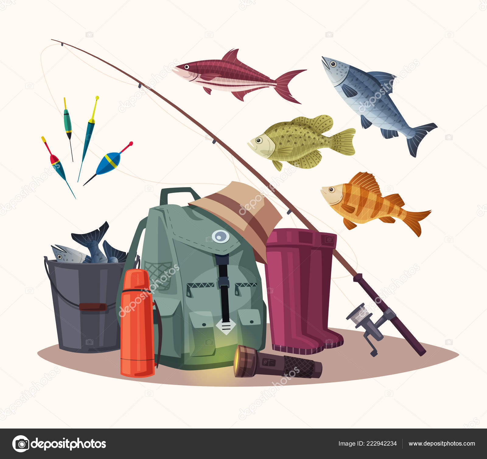 Fishing equipment. Set of icons. Cartoon vector illustration Stock