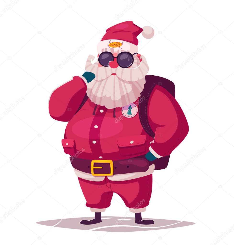 Funny modern Santa Claus character. Cartoon vector illustration