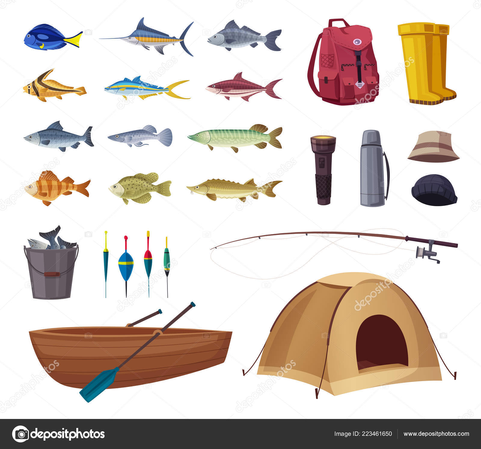 Fishing equipment. Set of icons. Cartoon vector illustration Stock Vector  by ©dmitrymoi 223461650