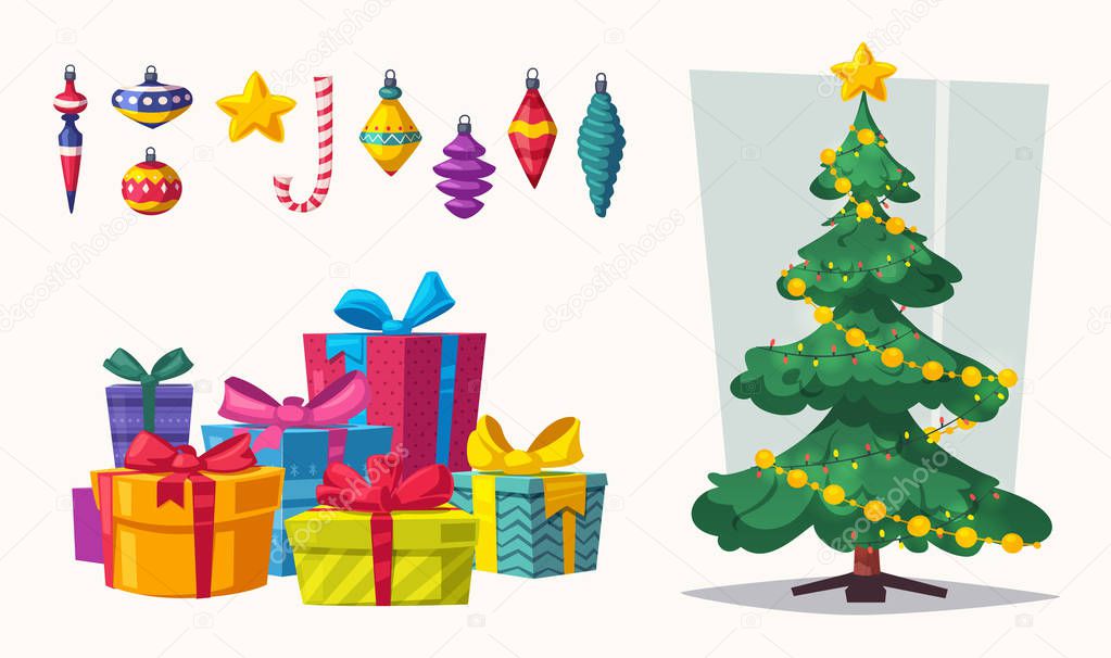 Beautiful Christmas tree. Cartoon vector illustration