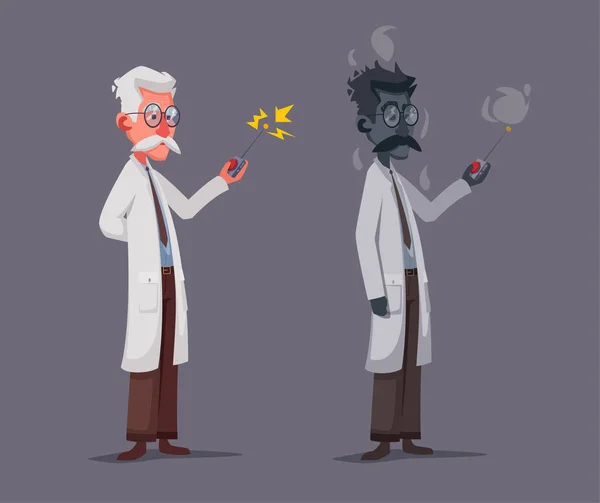 O velho cientista maluco está a conduzir uma experiência científica. Controlador remoto. Personagem engraçado. Desenhos animados ilustração vetorial — Vetor de Stock