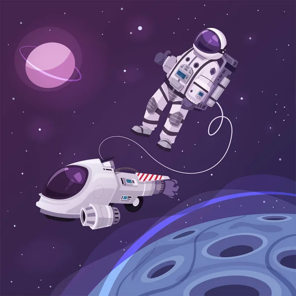 Caracterul de cosmonaut în spațiul cosmic. Ilustrație vectorială de desene animate . — Vector de stoc