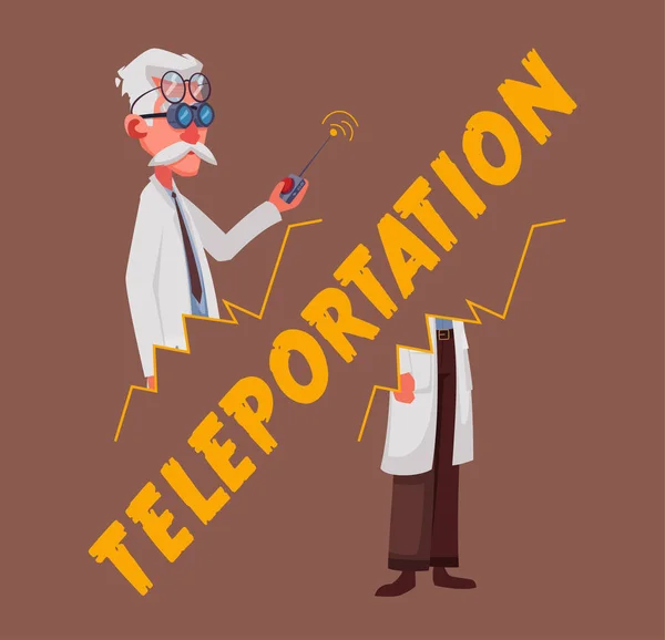 Gekke oud wetenschapper is teleporting. Grappig karakter. Cartoon vectorillustratie — Stockvector