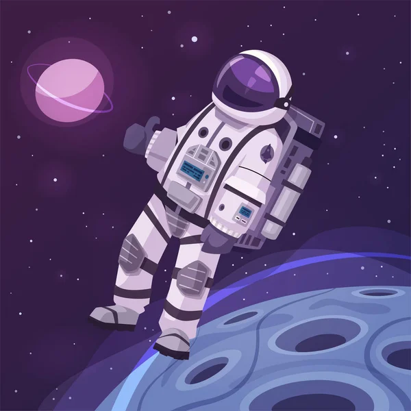 Caracterul de cosmonaut în spațiul cosmic. Ilustrație vectorială de desene animate — Vector de stoc