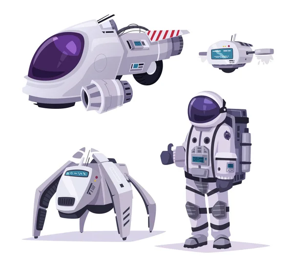 Kosmonaut karaktär, rymdskepp och robotar. Tecknade vektorillustration — Stock vektor