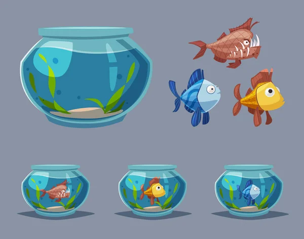 Aquarium Mit Klarem Wasser Zeichentrickvektorillustration Unterwasserwelt Runden Aquarium Süßwasserfische Haustier — Stockvektor