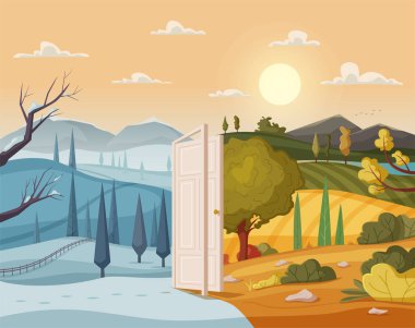 Açık kapı. Kış ve yaz. Valley manzara. Çizgi film vektör çizim