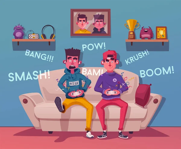 Amigos é jogo. Jogadores jogando videogame. Desenhos animados ilustração vetorial —  Vetores de Stock