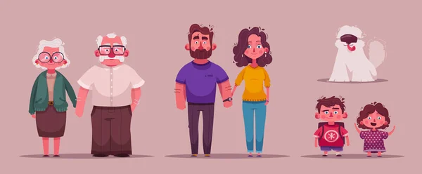 Una gran familia feliz juntos. Diseño de personajes. Dibujos animados vector ilustración — Vector de stock