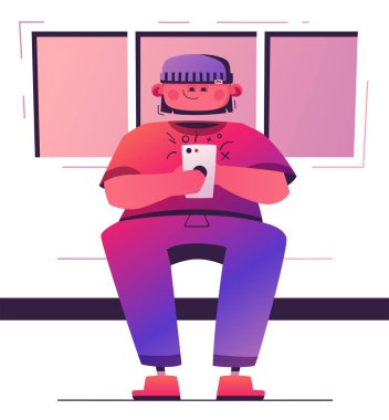Adam tutun smartphone. Çizgi film vektör çizim. Karakter tasarımı