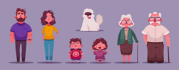Keluarga besar yang bahagia bersama. Rancangan karakter. Ilustrasi vektor kartun - Stok Vektor