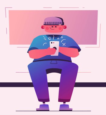 Adam tutun smartphone. Çizgi film vektör çizim. Karakter tasarımı