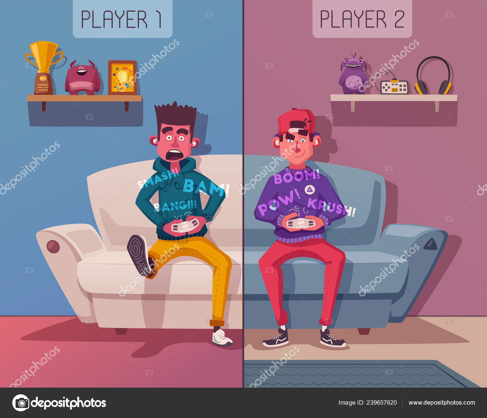 Friends is gaming. Gamers playing video game. Cartoon vector illustration  Stock Vector Image by ©dmitrymoi #239657620