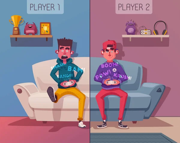 Amigos é jogo. Jogadores jogando videogame. Desenhos animados ilustração vetorial —  Vetores de Stock