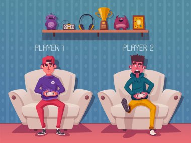 Arkadaşlar oyun. İnekler iç oda. Video oyunu oynayan oyuncular. Çizgi film vektör çizim. Multiplayer ekran. Online Oyunlar kavramı