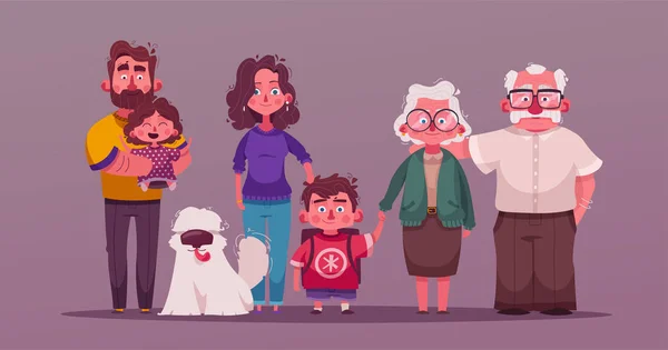 Grote en gelukkige familie samen. Characterdesign. Cartoon vectorillustratie — Stockvector