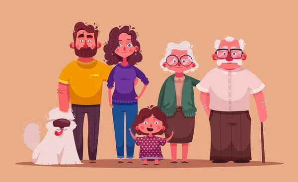 Nagy, boldog család együtt. Karakter design. Rajzfilm vektoros illusztráció — Stock Vector