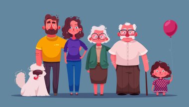 Büyük mutlu aile birlikte. Karakter tasarımı. Çizgi film vektör çizim