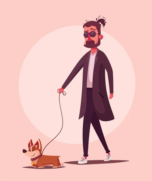 El hombre camina con un perro. Ilustración vectorial de dibujos animados. Paseador de perros — Vector de stock