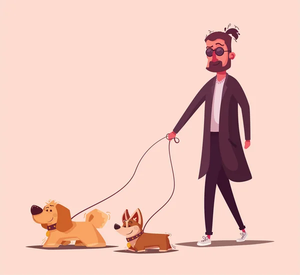 Ο άνθρωπος είναι το περπάτημα με ένα σκυλί. Καρτούν εικονογράφηση φορέα. Περιπατητή σκυλιών — Διανυσματικό Αρχείο