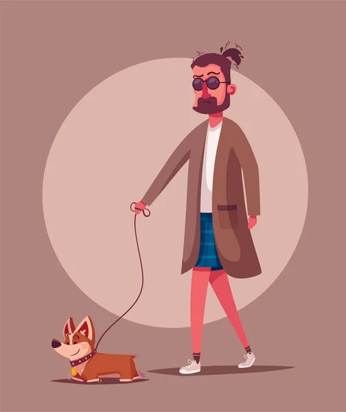 Az ember egy kutya gyalogos. Rajzfilm vektoros illusztráció. Kutya walker — Stock Vector