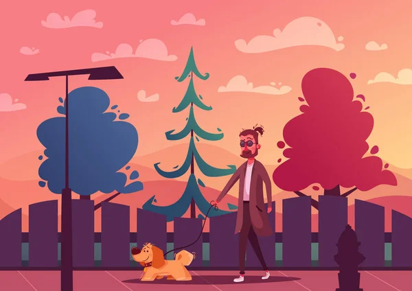 Человек гуляет с собакой. Иллюстрация вектора мультфильма. Выгульщик собак — стоковый вектор