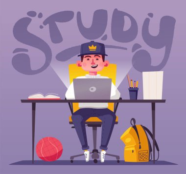 Öğrenci ya da öğrenci bilgisayar eğitimi. Çizgi film vektör çizim