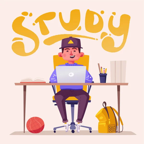 Estudante ou estudante estudando no computador. Desenhos animados ilustração vetorial —  Vetores de Stock