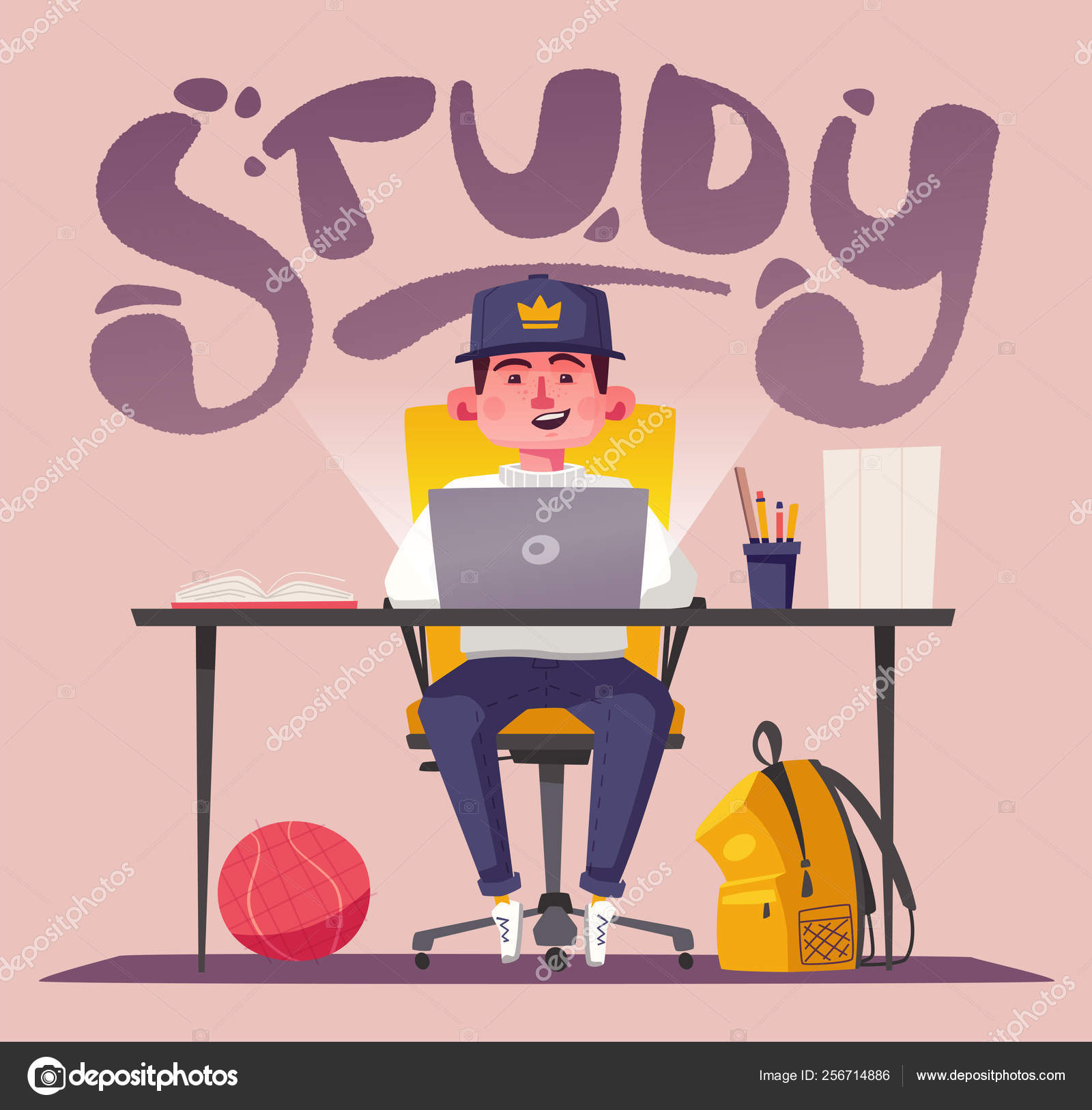 Student or schoolboy studying at the computer. Cartoon vector illustration  Stock Vector Image by ©dmitrymoi #256714886