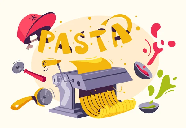 Comida italiana. Haciendo pasta deliciosa. Dibujos animados vector ilustración . — Vector de stock