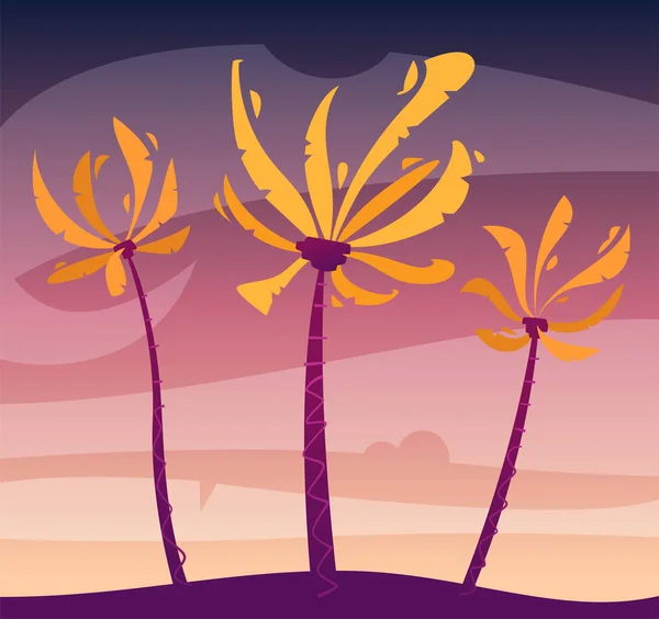 Palmy na wyspie, niebo i zachód słońca. Ilustracja wektorowa kreskówka — Wektor stockowy