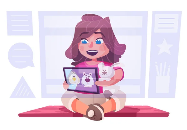 可爱的小女孩在平板电脑上看卡通片。子角色设计。卡通矢量插图 — 图库矢量图片