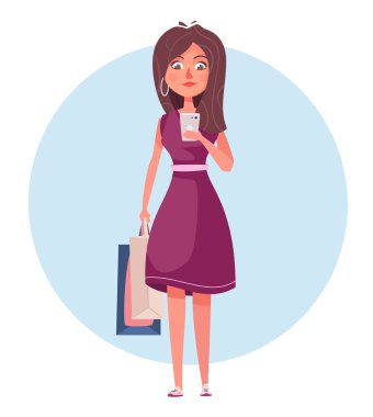 Online alışveriş. Güzel kız karakter tasarımı. Karikatür vektör illüstrasyon