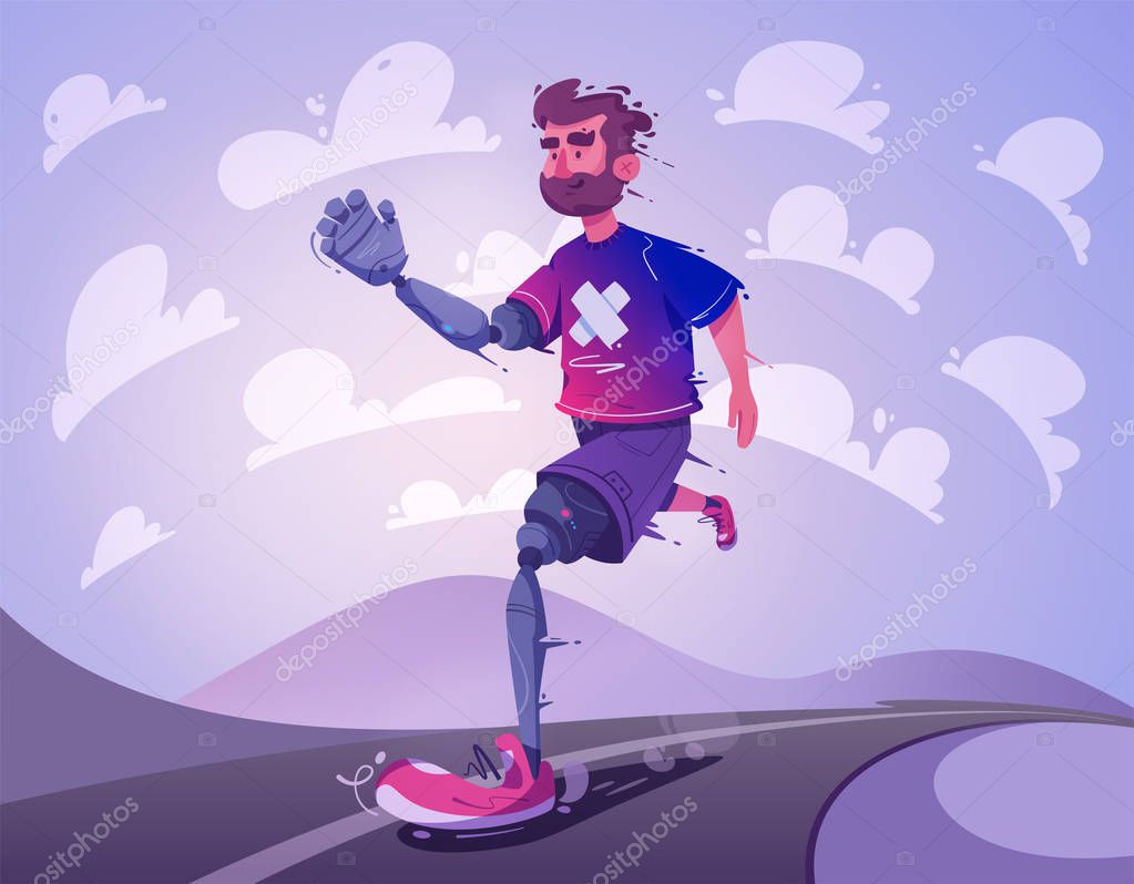 Man with a prosthesis is running. Sport concept. Cartoon vector illustration.