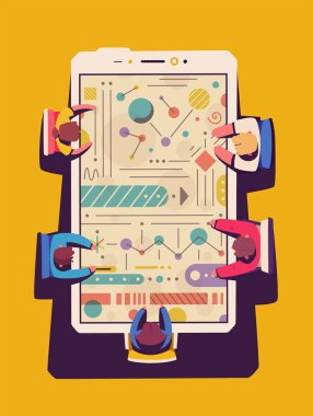 Akıllı telefon masasında takım çalışması. İş işbirliği konsepti. Karikatür vektör illüstrasyon