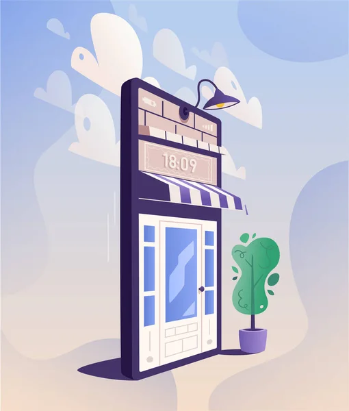 Compras en línea. Gran smartphone convertido en tienda de Internet con puerta. Dibujos animados vector ilustración — Archivo Imágenes Vectoriales