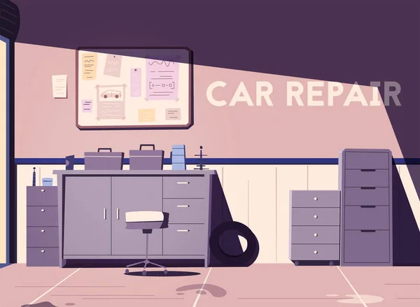 Loja de reparação automóvel. Desenhos animados ilustração vetorial. Garagem interior . —  Vetores de Stock