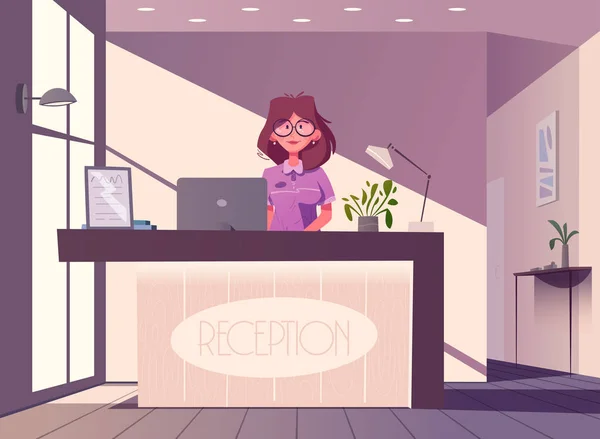 A recepció személyzete. Hotel recepciós jellege. Karikatúra vektor illusztráció. — Stock Vector
